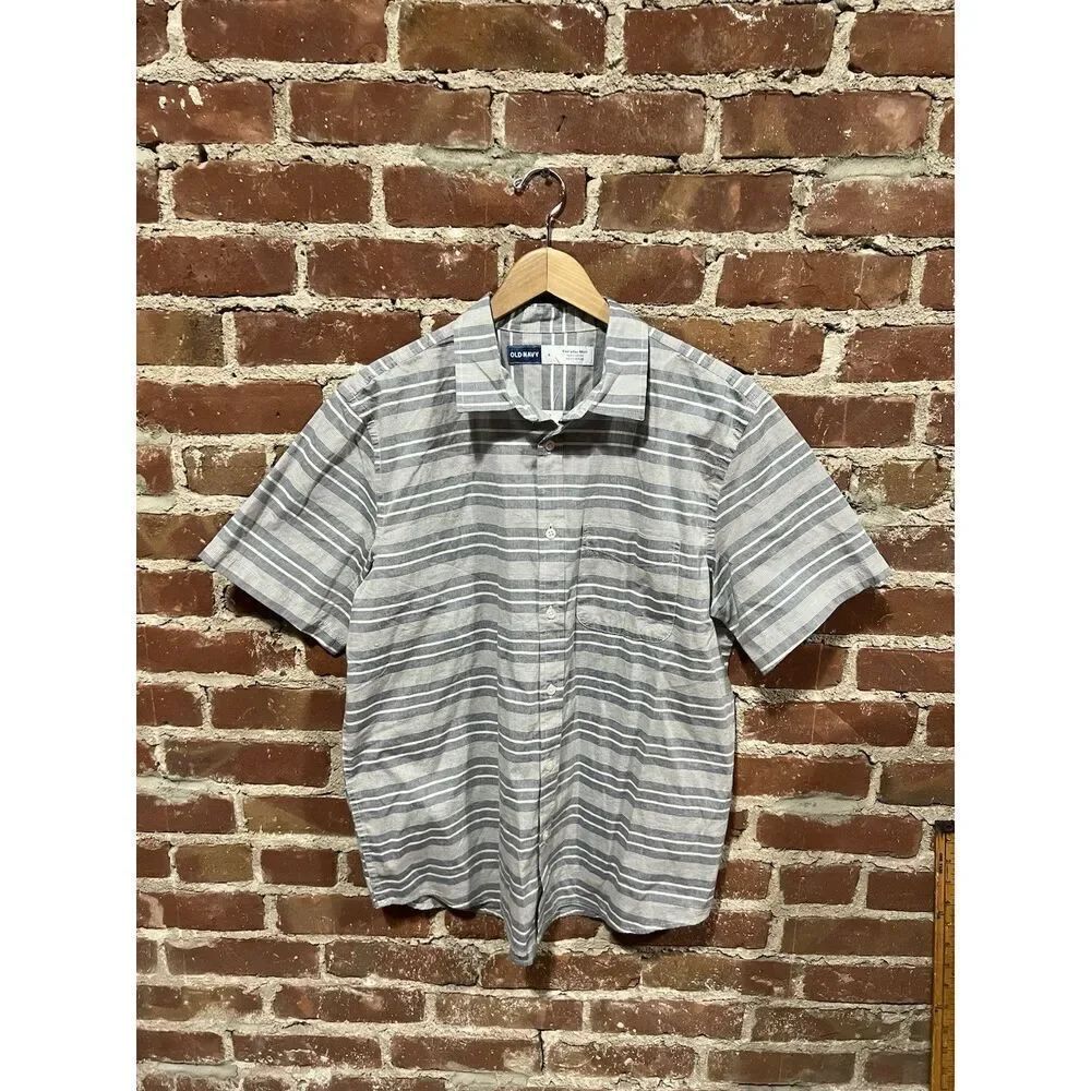 Old Navy Mens Gray Short Sleeve Striped Button Up Shirt NWT Size Large